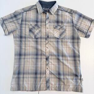 Kuhl Mens Large Plaid Snap Button Shirt Outdoor Hiking Western Tan Blue L